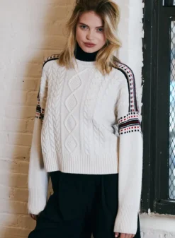 AUTUMN CASHMERE Cable Crew Fair Isle Racing Stripe in Snow Combo^ Sweaters