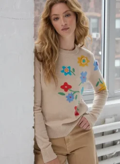 AUTUMN CASHMERE Floral Crewneck with Crochet Detailing in^ Sweaters