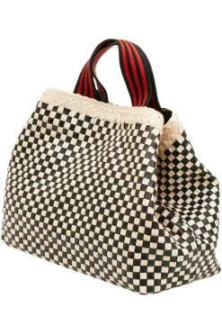 CLARE V. Bateau Tote in Cream & Black Border Woven Checker^ Bags
