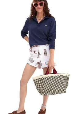 CLARE V. Bateau Tote in Cream & Black Border Woven Checker^ Bags
