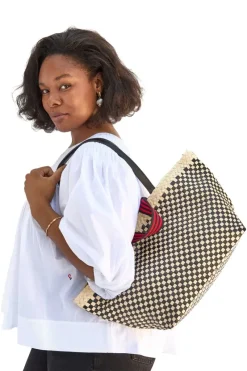 CLARE V. Bateau Tote in Cream & Black Border Woven Checker^ Bags