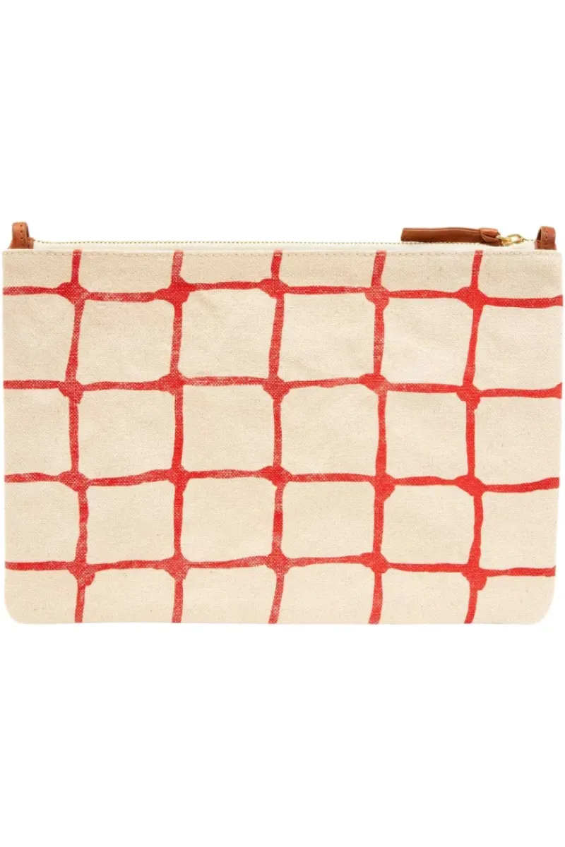 CLARE V. Flat Clutch w/ Tabs in Natural w/ Bright Poppy Net Printed Canvas^ Bags