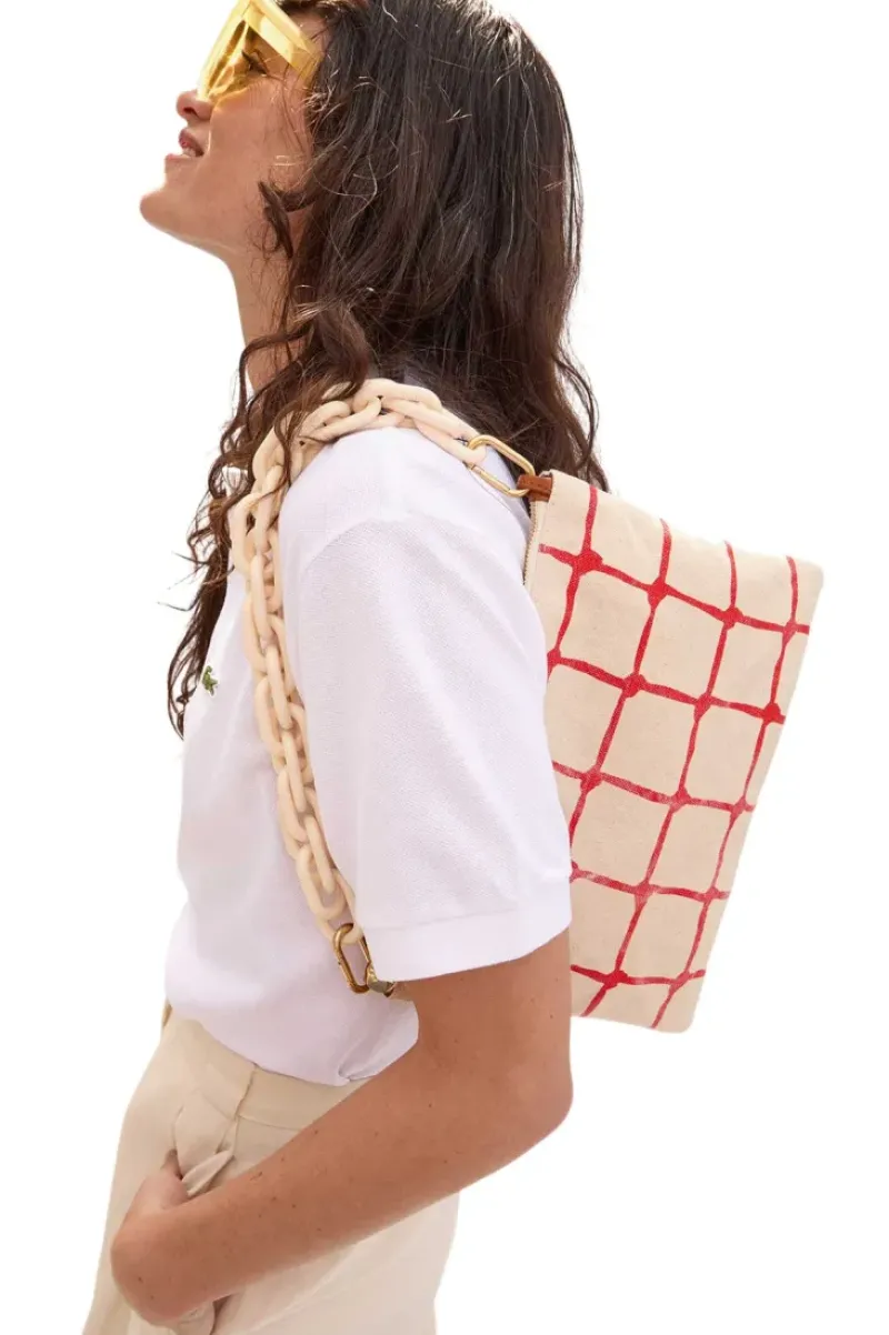 CLARE V. Flat Clutch w/ Tabs in Natural w/ Bright Poppy Net Printed Canvas^ Bags