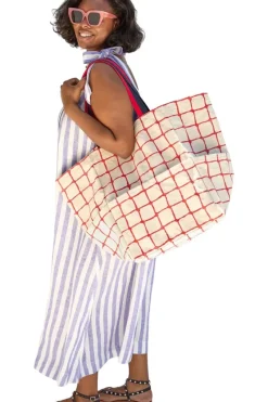 CLARE V. Giant Marine Tote in Natural w/ Bright Poppy Net Printed Canvas^ Bags