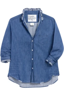Frank & Eileen Eileen Ruffle Relaxed Button Up Shirt in Vintage Indigo^ Tops