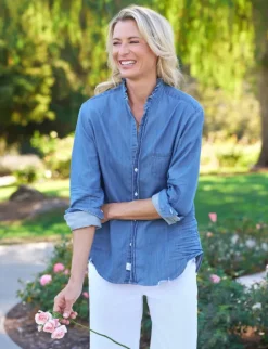 Frank & Eileen Eileen Ruffle Relaxed Button Up Shirt in Vintage Indigo^ Tops