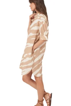 REPEAT Cashmere Linen Blend Shirt Dress with Animal Print in^ Dresses & Jumpsuits
