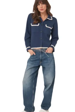 REPEAT Cashmere Polo Neck Buttoned Cardigan with Crochet Details in^ Sweaters