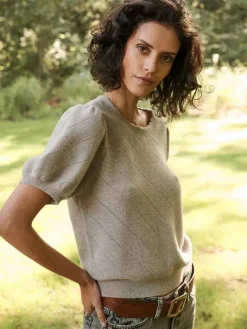 REPEAT Cashmere Short Sleeve Pointelle Cashmere Sweater in^ Sweaters