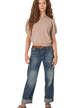 REPEAT Cashmere Short Sleeve Pointelle Cashmere Sweater in^ Sweaters