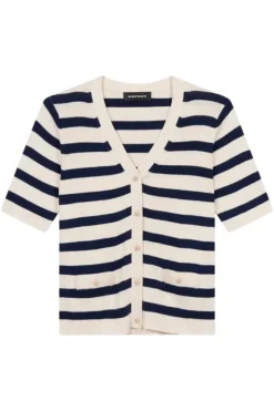 REPEAT Cashmere Short Sleeve Rib Knit Striped Cardigan in^ Sweaters