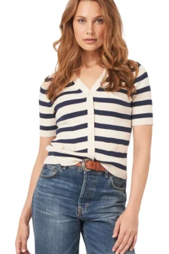 REPEAT Cashmere Short Sleeve Rib Knit Striped Cardigan in^ Sweaters