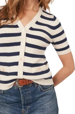 REPEAT Cashmere Short Sleeve Rib Knit Striped Cardigan in^ Sweaters