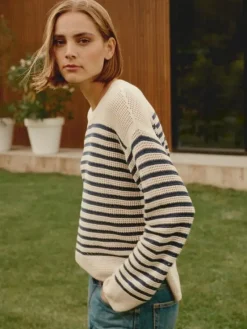 REPEAT Cashmere Striped Ajour Sweater in^ Sweaters