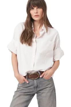 REPEAT Cashmere Striped Shirt with Turn Up Cuffs in^ Tops