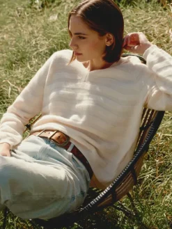 REPEAT Cashmere V-neck Sweater with Textured Wavy Stripes in^ Sweaters