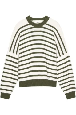The Great Rollneck Pullover in Olive and Cream Stripe^ Sweaters