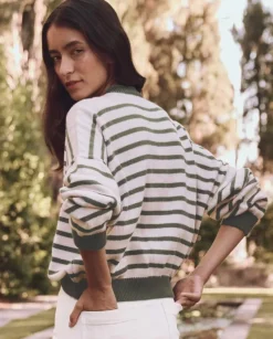 The Great Rollneck Pullover in Olive and Cream Stripe^ Sweaters