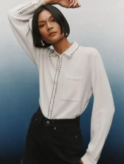 WHITE & WARREN Cashmere Embroidered Stitch Shirt^ Sweaters