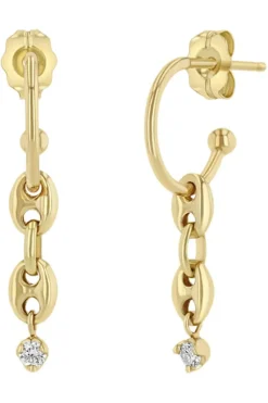 ZOE CHICCO Dangling Diamond & Puffed Mariner Chain Thin Huggie Hoops in 14k^ Earrings